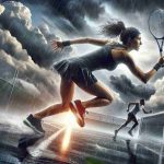 A high-definition, realistic image that conveys the challenges faced by athletes in unpredictable weather conditions. Picture a Caucasian female tennis player struggling to keep her footing on a slick, rain-soaked court, her racket poised to return a serve. Nearby, a Black male runner is battling against a strong, gusty wind, his determination vivid on his face. Overhead, storm clouds are brewing while the sun also tries to break through, highlighting the sudden changes that can occur during outdoor sporting events.