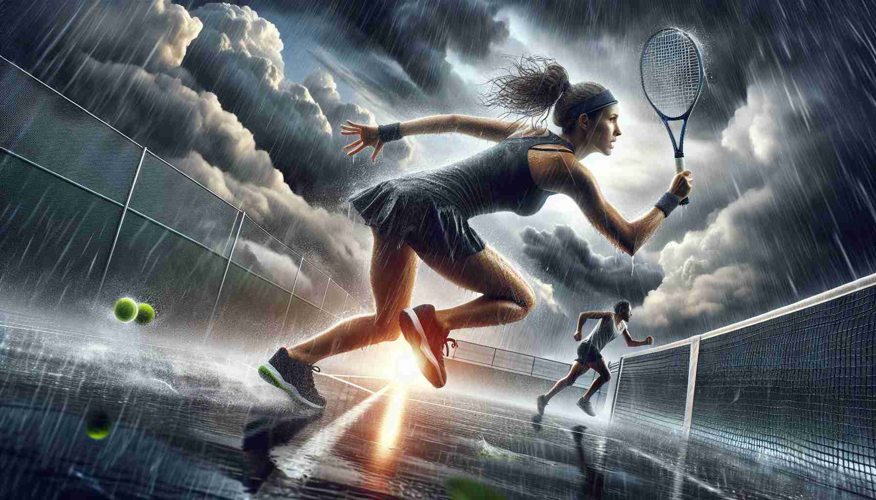 A high-definition, realistic image that conveys the challenges faced by athletes in unpredictable weather conditions. Picture a Caucasian female tennis player struggling to keep her footing on a slick, rain-soaked court, her racket poised to return a serve. Nearby, a Black male runner is battling against a strong, gusty wind, his determination vivid on his face. Overhead, storm clouds are brewing while the sun also tries to break through, highlighting the sudden changes that can occur during outdoor sporting events.