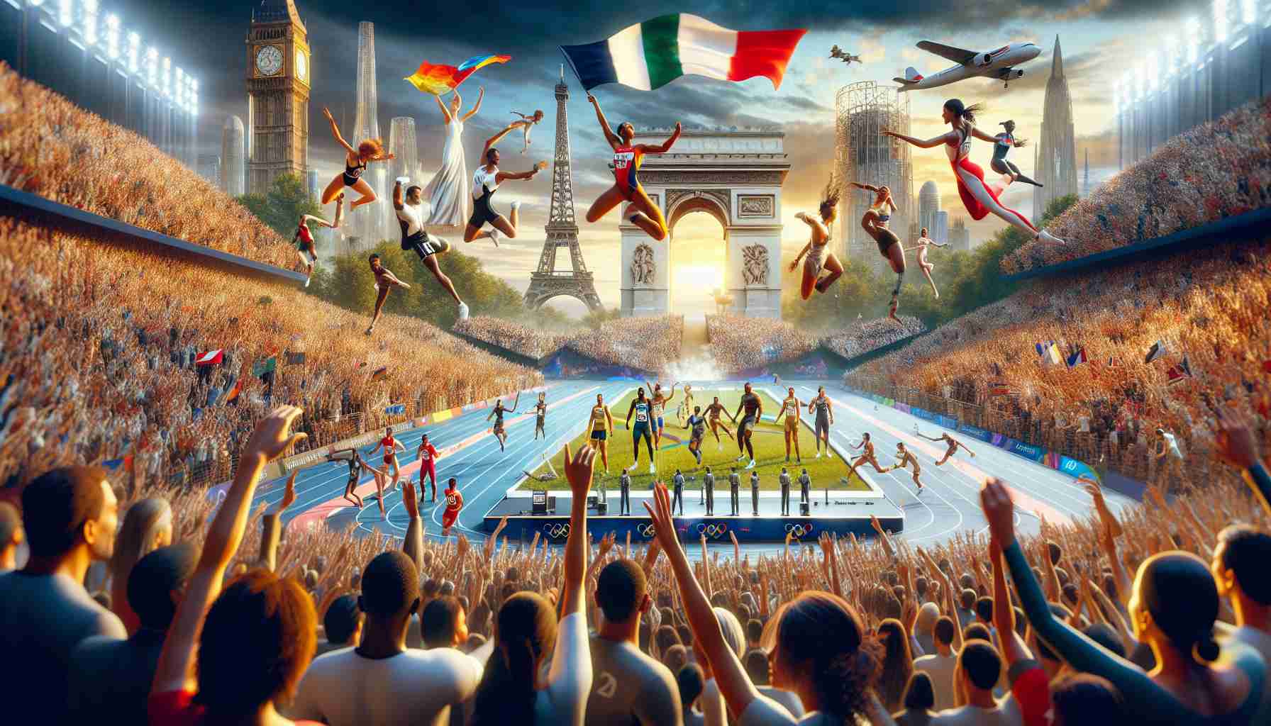 An ultra high-definition, realistic image showcasing the thrilling atmosphere of the Olympic Games in Paris in 2024. The scene includes dynamic and diverse crowd of various global descents like Caucasian, Middle-Eastern, South Asian, Black and Hispanic spectators, cheering for the athletes performing in the different sports events. Vivid shots of iconic Parisian structures like Eiffel Tower and Arc de Triomphe serving as a picturesque backdrop to the events can be seen. The athletes represent both genders and hail from varied racial backgrounds participating in a range of sporting events, signifying the spirit of unity and global competitiveness.