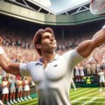 A high-definition, realistic image of a notable tennis player's unforgettable victory at the Wimbledon tennis tournament. The player, with medium build and a triumphant expression, is raising his racquet in the air amidst the cheer of the crowd. The iconic Wimbledon arena serves as the backdrop.