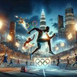 A high-definition, realistic image of a transformative experience at the Olympic Games set against the backdrop of a world-renowned city, radiantly illuminated by light. Display the excitement, athletics, and global coming together that symbolize the Olympics amidst bustling city streets, radiant street lamps, iconic structures, all flaring in the evening glow. Please also include diverse athletes from different descents and genders: a Black male sprinter launching off the block, a South Asian female gymnast in mid-air behind him, and a Hispanic martial artist preparing to spar in the foreground.