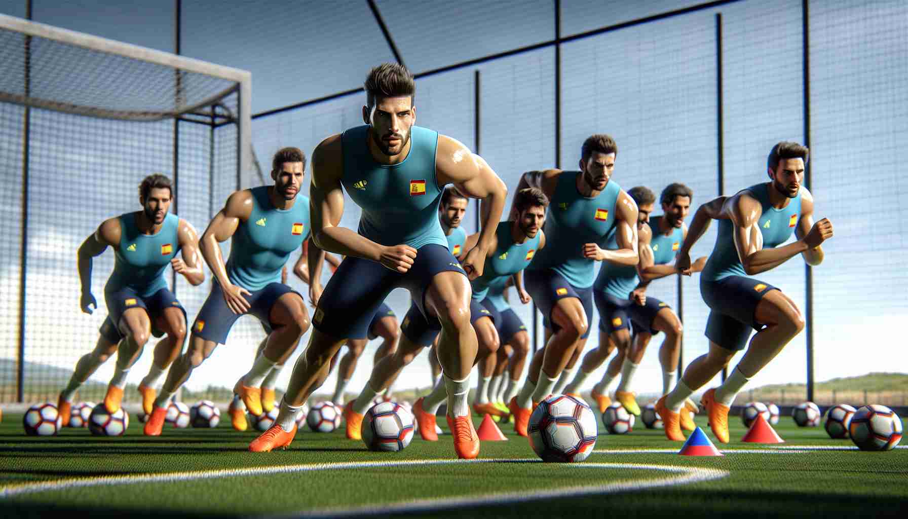 High-definition realistic depiction of a diverse group of athletes identifying as part of a national football team from Spain, preparing vigorously for an upcoming Olympics event. The team includes players of various ages and physical appearances, all of which are determined, focused, and striving for excellence in training. The background is a training ground, complete with goal posts, a wide open field marking out a football pitch, and cones set out for drills.