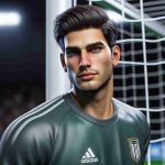 Realistic HD photo of a tall, athletic football goalkeeper. He has dark hair, a focused expression, and is known for his outstanding penalty-saving abilities. He's dressed in a modern goalkeeper's kit and poised in front of the goal, ready to make a diving save.