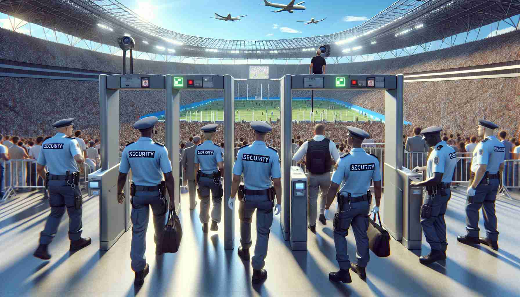 Create a detailed, high definition, realistic image of a large international sports event. Safety is the focus, so include key features such as multiple security personnel of varying genders and descents: include a South Asian woman and a Black man, both in uniform. There should be spectators walking through metal detectors, and security guards checking bags for forbidden items. Close circuit television (CCTV) cameras should also be visible in the surroundings. The atmosphere should be energetic yet orderly, under a clear, blue sky in a huge, well-equipped sports stadium.