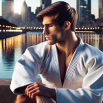 Realistic HD photo of an athletic male individual, who could potentially bean Argentinian Judo competitor, reflecting on a dazzling river ceremony.