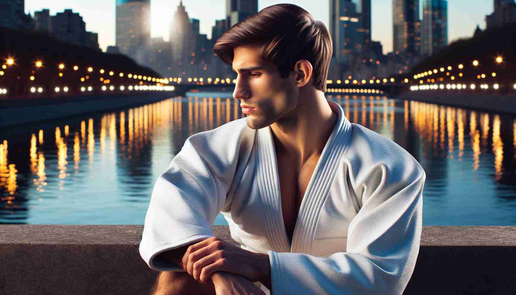 Realistic HD photo of an athletic male individual, who could potentially bean Argentinian Judo competitor, reflecting on a dazzling river ceremony.