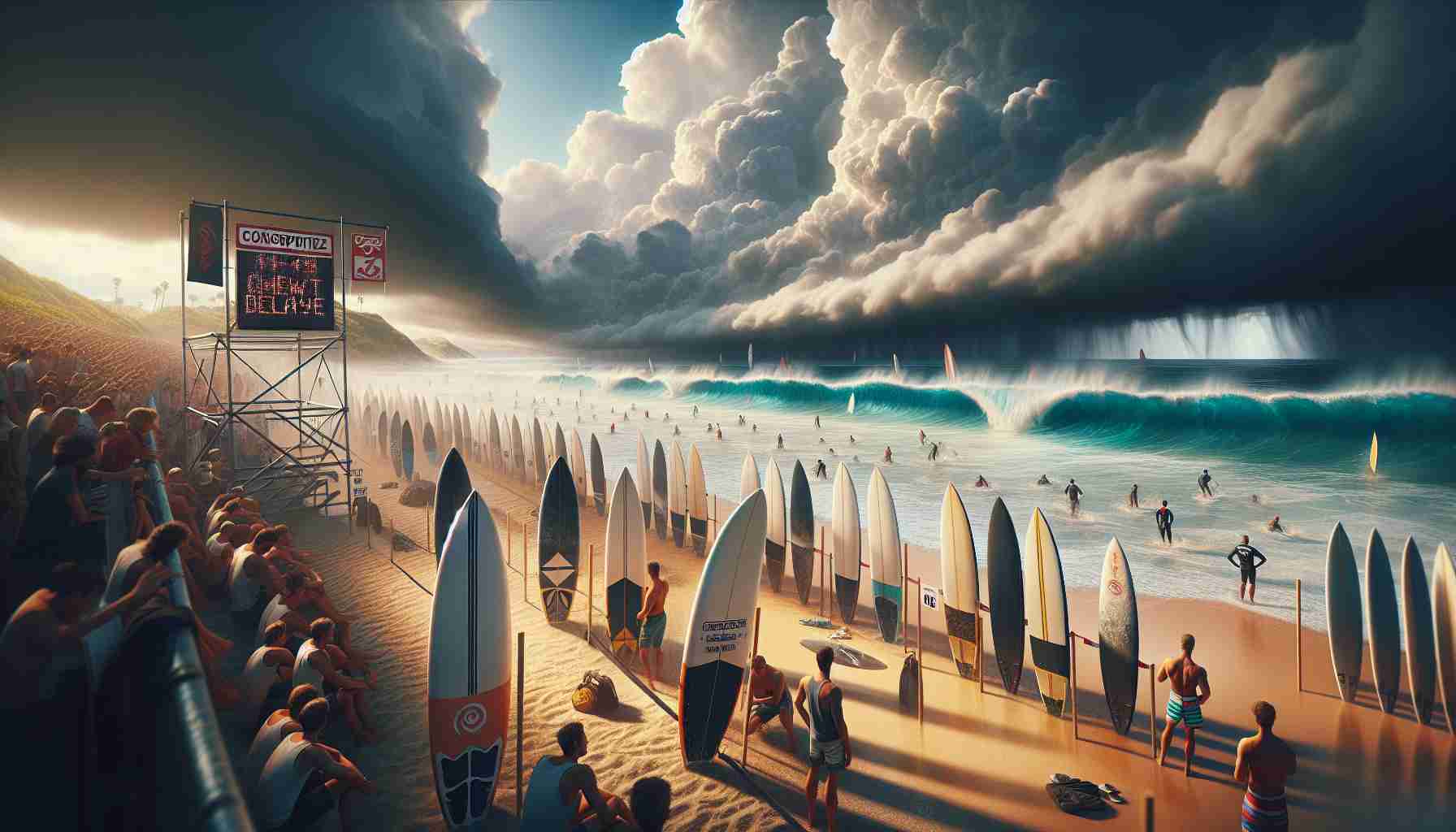 Conceptualize a realistic, high-definition depiction of an anticipated new surfing competition. The scene displays the tension in the atmosphere as the event is put on hold due to unfavorable weather conditions. You can see surfboards perfectly lined up on the sandy beach, participants anxiously waiting by the water's edge, and spectators disappointed in the delay. The sky is filled with ominous clouds indicating an approaching storm, and the ocean waves, though tempting for surfers, are alarmingly large and chaotic. A relevant sign or banner can be seen conveying the delay in the event.