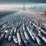 High-quality, realistic image of a potentially chaotic scene in Paris, representing disruption in high-speed rail lines. The picture should encompass an overhead view of the rail site filled with lines of stopped, metallic trains. The atmosphere is buzzing with perturbation, all under the Parisian sky. The Eiffel Tower stands in the distant background, adding an element of tranquility to the overall scene. The depiction should imply the contrast of a modern city's infrastructure facing issues, while not losing its underlying spirit and beauty.