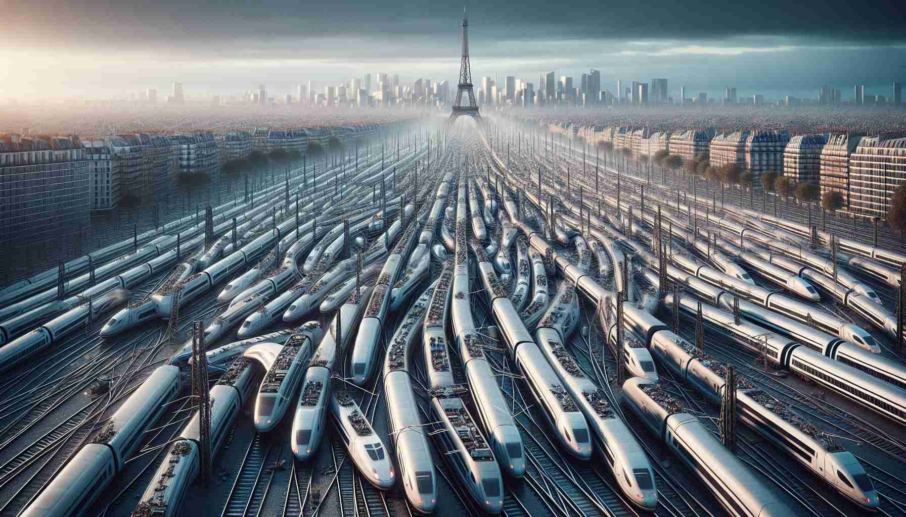 High-quality, realistic image of a potentially chaotic scene in Paris, representing disruption in high-speed rail lines. The picture should encompass an overhead view of the rail site filled with lines of stopped, metallic trains. The atmosphere is buzzing with perturbation, all under the Parisian sky. The Eiffel Tower stands in the distant background, adding an element of tranquility to the overall scene. The depiction should imply the contrast of a modern city's infrastructure facing issues, while not losing its underlying spirit and beauty.