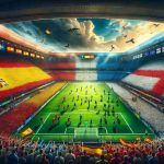 Generate an HD image that encapsulates a historic rivalry in a metaphorical sporting event between Spain and England. Imagine a vast, electrifying stadium with passionate spectators, predominantly draped in the colors of their respective teams. In the middle is a vibrant green football pitch where teams from Spain and England are in fierce competition, showing both skill and determination. The image should reflect the intensity of the rivalry through the players' expressions and actions, along with the crowd's reactions. Please refrain from including specific player likenesses or football club logos.