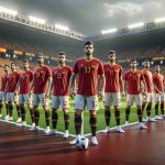 A hyperrealistic, high-definition image of a Spanish football team warming up for an upcoming intense game. They stand on a well-maintained soccer field, wearing their country's flag colors with eyes filled with determination and focus. In the background is a stadium full of eager spectators showing their support with cheering and waving flags.