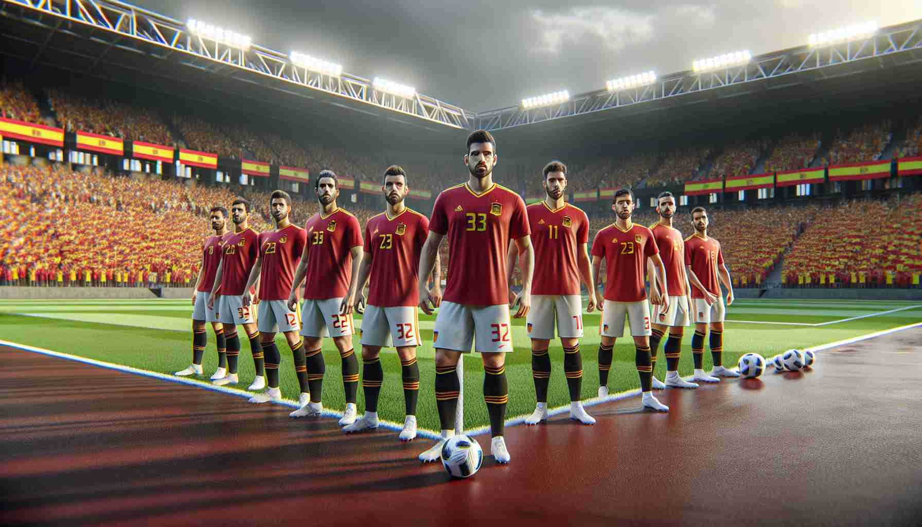 A hyperrealistic, high-definition image of a Spanish football team warming up for an upcoming intense game. They stand on a well-maintained soccer field, wearing their country's flag colors with eyes filled with determination and focus. In the background is a stadium full of eager spectators showing their support with cheering and waving flags.