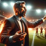 Realistic HD image of a professional, middle-aged, Caucasian football manager passionately directing a team both on and off the pitch. The manager's expressions should convey focused determination and the scene should be vibrant, capturing the fiery spirit of a football match.