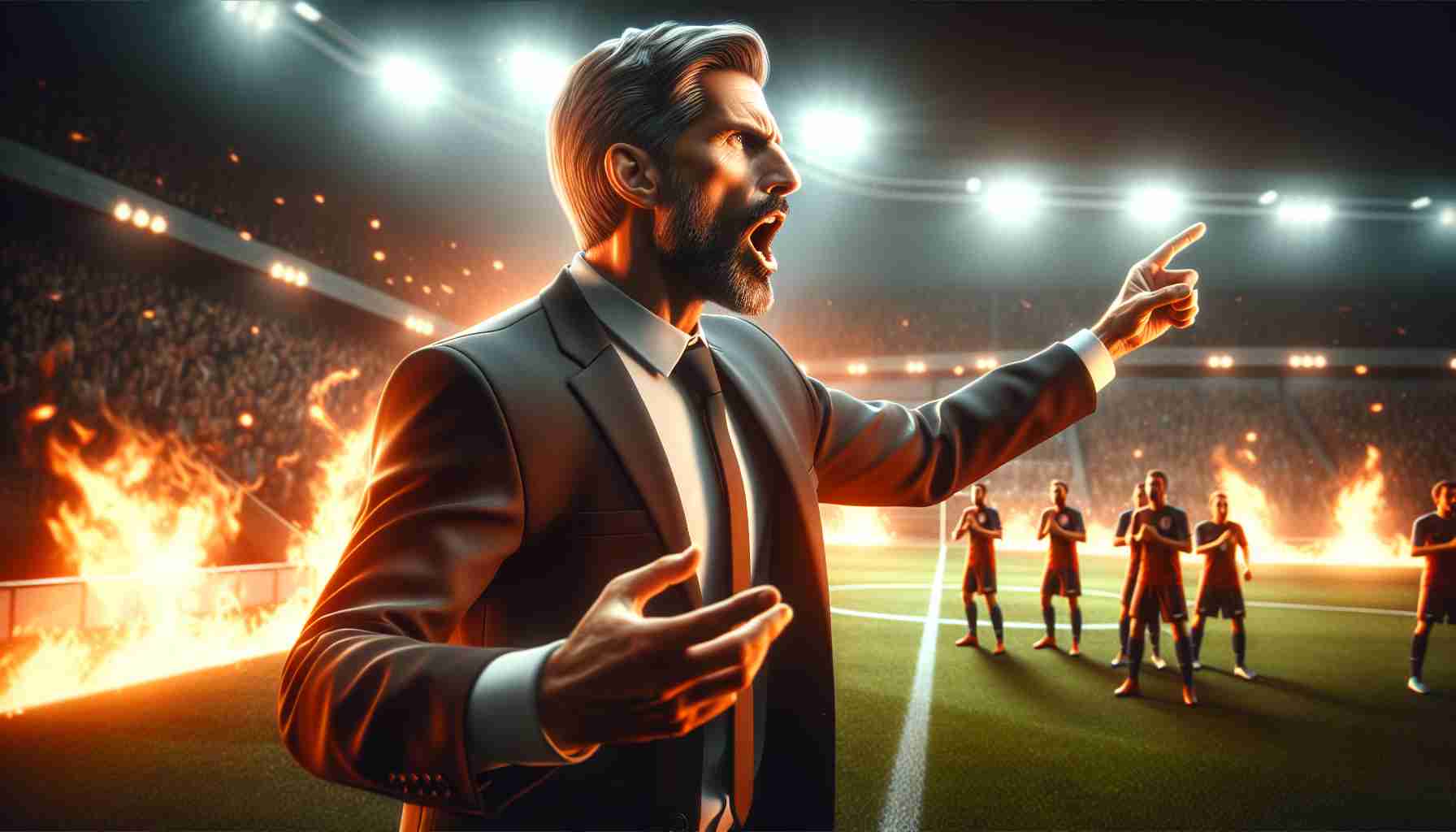 Realistic HD image of a professional, middle-aged, Caucasian football manager passionately directing a team both on and off the pitch. The manager's expressions should convey focused determination and the scene should be vibrant, capturing the fiery spirit of a football match.