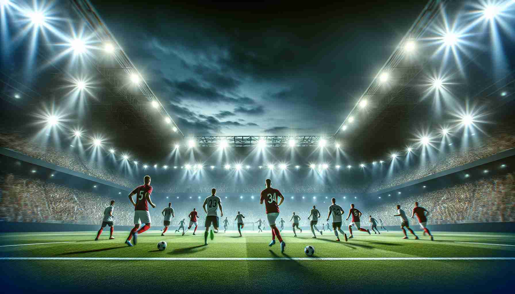 Create a high-definition, realistic image of an intense soccer game under bright stadium lights. Imagine the crowd filled with anticipation as the season is about to start. Players from various teams exercise on the field, preparing for challenging matches throughout the season. The atmosphere is charged with excitement and the fans are eagerly waiting for the start of the new league season.