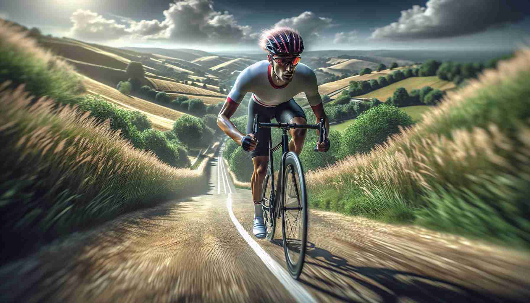 Realistic high-definition image of an intense uphill cycling race scenario. Visualise an anonymous professional male cyclist giving his best effort, with a fierce determination in his eyes. Picture the cyclist competing in a challenging and renowned cycling event, which takes place in 2024. Hill-filled French countryside serves as the backdrop, creating the aura of a popular grand cycling tour.