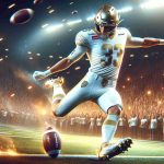 Generate a high-definition realistic image depicting an emergent football player in a white and gold uniform, signifying he is a new sensation in a hypothetical elite football team. The scene is set in a packed stadium with a vibrant atmosphere, the player is kicking a football with intense force and precision, and fans watching fervidly from the stands. The team logo on the uniform is a mix of a crown and a football. Note, this player is not representative of any real public figure, but a composite of talent and skills typically found in top-tier football players.