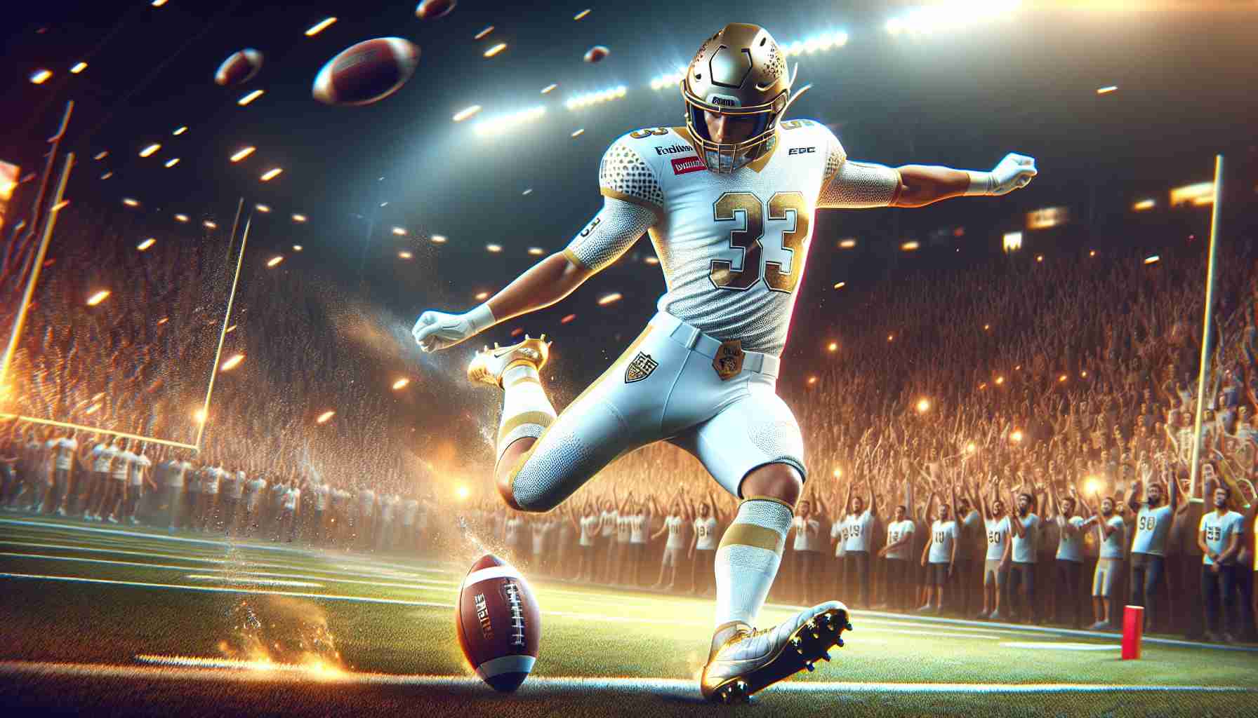 Generate a high-definition realistic image depicting an emergent football player in a white and gold uniform, signifying he is a new sensation in a hypothetical elite football team. The scene is set in a packed stadium with a vibrant atmosphere, the player is kicking a football with intense force and precision, and fans watching fervidly from the stands. The team logo on the uniform is a mix of a crown and a football. Note, this player is not representative of any real public figure, but a composite of talent and skills typically found in top-tier football players.