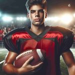 An HD image of a young Hispanic male football player's journey. The scene includes a well-lit football field, with the player holding a football, the crowd cheering in the background. He's wearing a red and black uniform, his face filled with determination, reflecting the potential of his soccer journey.