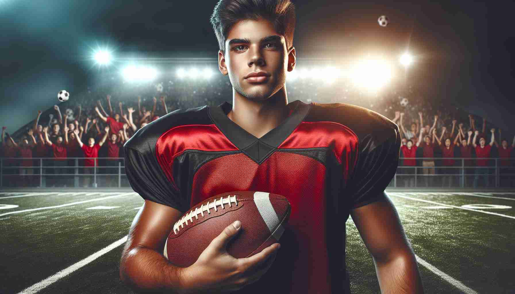 An HD image of a young Hispanic male football player's journey. The scene includes a well-lit football field, with the player holding a football, the crowd cheering in the background. He's wearing a red and black uniform, his face filled with determination, reflecting the potential of his soccer journey.