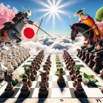 An HD image depicting a conceptual representation of a tactical clash between Japan and Spain. Imagine this as a stylized chess game - with pieces symbolizing different cultural, historical, and geographical elements of the two nations. Specifically, Japan could be represented by samurai warriors and cherry blossom trees while Spain could be represented by matadors and olive trees. The board is situated under a radiant noon sky. Not actual nations fighting, but emblematic figures of each nation skillfully navigating the game of chess, demonstrating strategic brilliance.