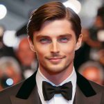 Realistic HD photo of a charismatic actor, of average height with short brown hair and piercing blue eyes, making a daring entrance at a global film festival. He is impeccably dressed in a classic black tuxedo and flashes a dazzling smile towards the camera.