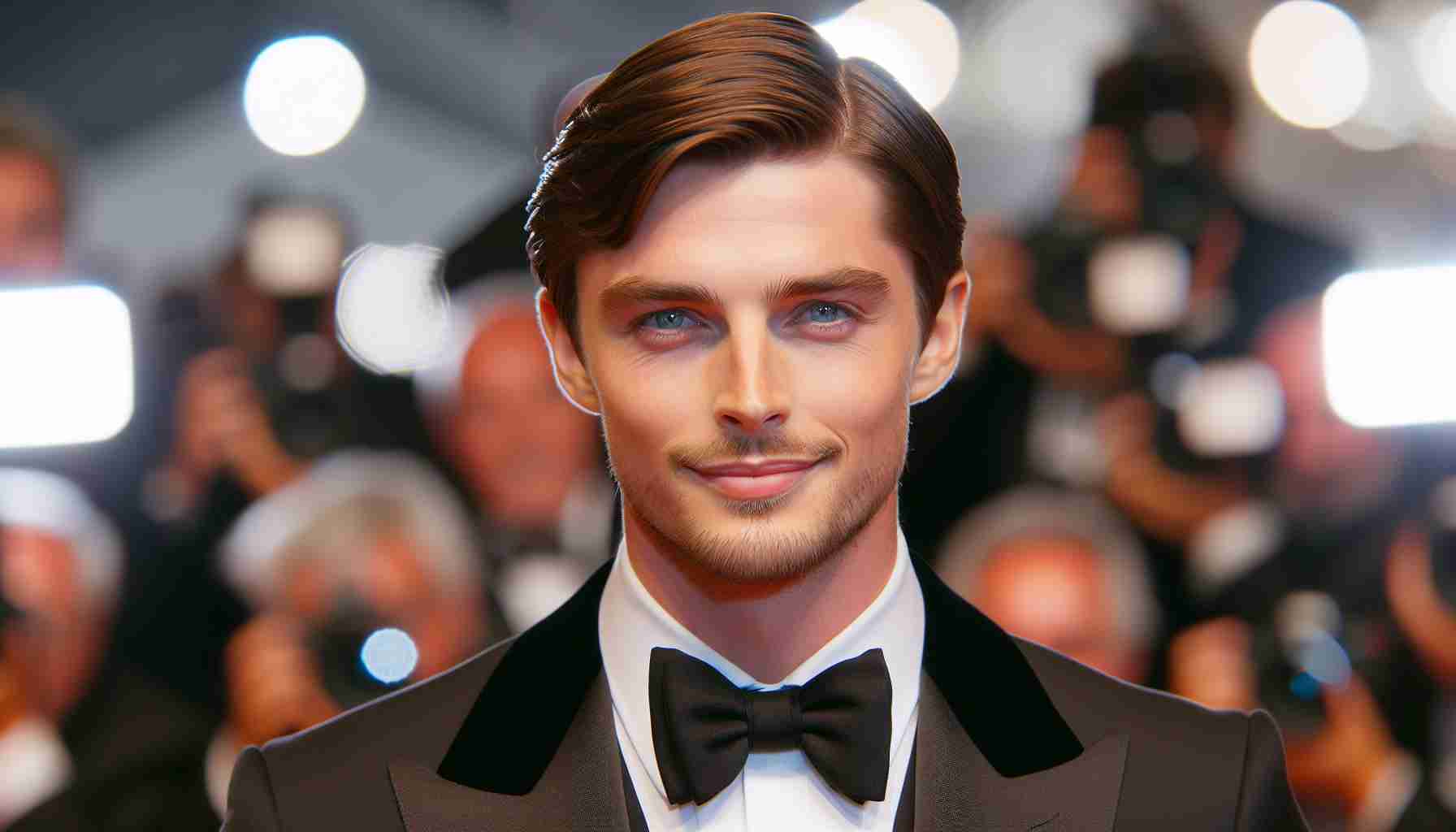 Realistic HD photo of a charismatic actor, of average height with short brown hair and piercing blue eyes, making a daring entrance at a global film festival. He is impeccably dressed in a classic black tuxedo and flashes a dazzling smile towards the camera.