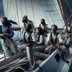 Highly detailed and lifelike image of a diverse sailing team in action. The team consists of five members - a middle-eastern female acting as the skipper, a black male taking care of the main sail, a south Asian female looking out for directions, an East Asian male handling the rigging, and a Hispanic male navigating. They are all dressed in professional sailing gear, navigating their vessel through challenging weather conditions. The sky overhead is dark and stormy, the ocean around them is tumultuous, but the team remains determined and focused amidst the chaos.