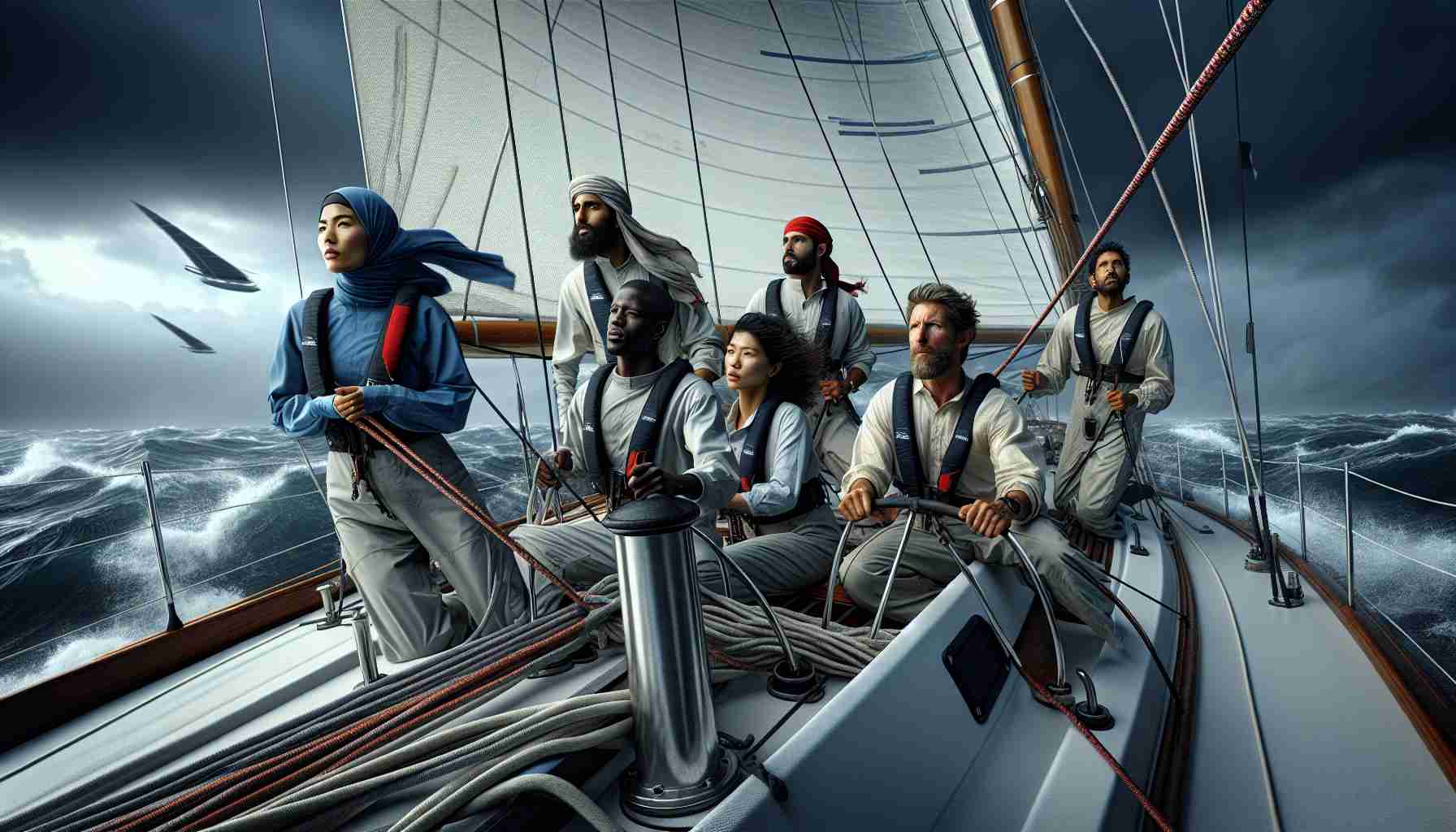 Highly detailed and lifelike image of a diverse sailing team in action. The team consists of five members - a middle-eastern female acting as the skipper, a black male taking care of the main sail, a south Asian female looking out for directions, an East Asian male handling the rigging, and a Hispanic male navigating. They are all dressed in professional sailing gear, navigating their vessel through challenging weather conditions. The sky overhead is dark and stormy, the ocean around them is tumultuous, but the team remains determined and focused amidst the chaos.