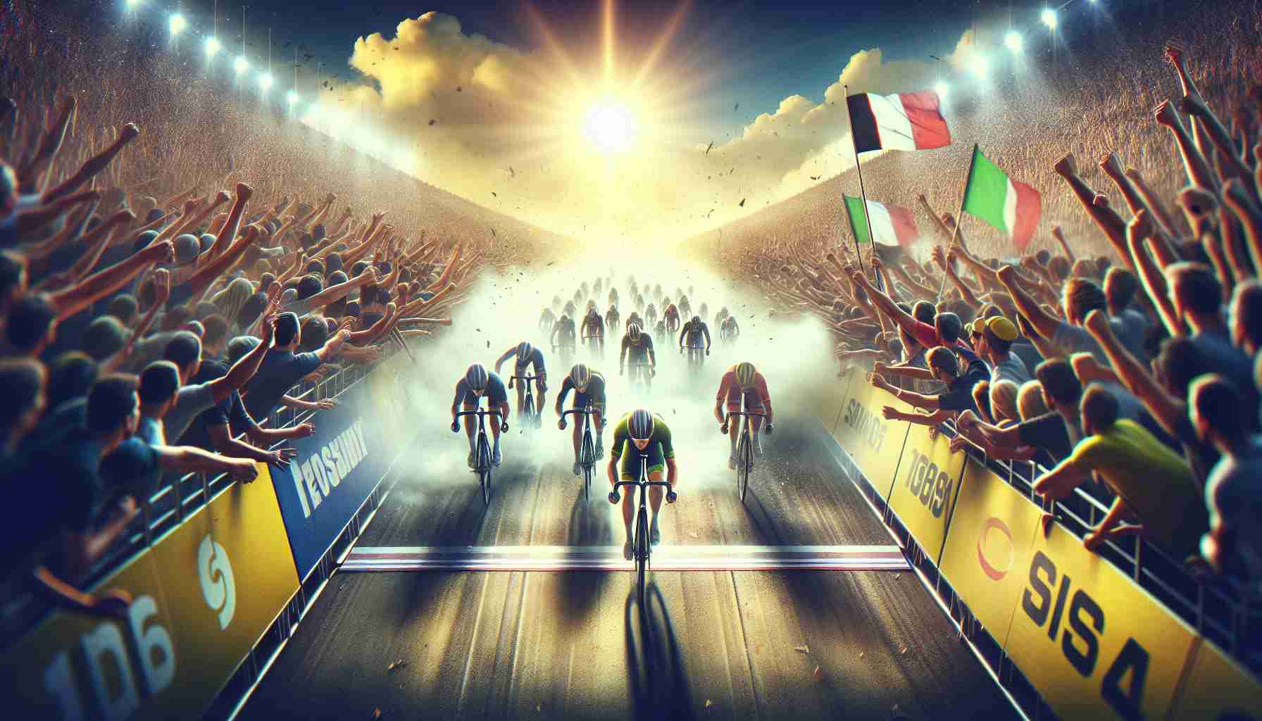 Generate a high-definition, realistic image of a final, thrilling moment at a cycling race. The scene should capture the intensity and excitement of racers pushing their limits to cross the finish line, the spectators in the stands, on their feet, cheering and exclaiming. Clouds of dust rising from the rapid wheel spins, and the vibrant sun shining on the dramatic scene.