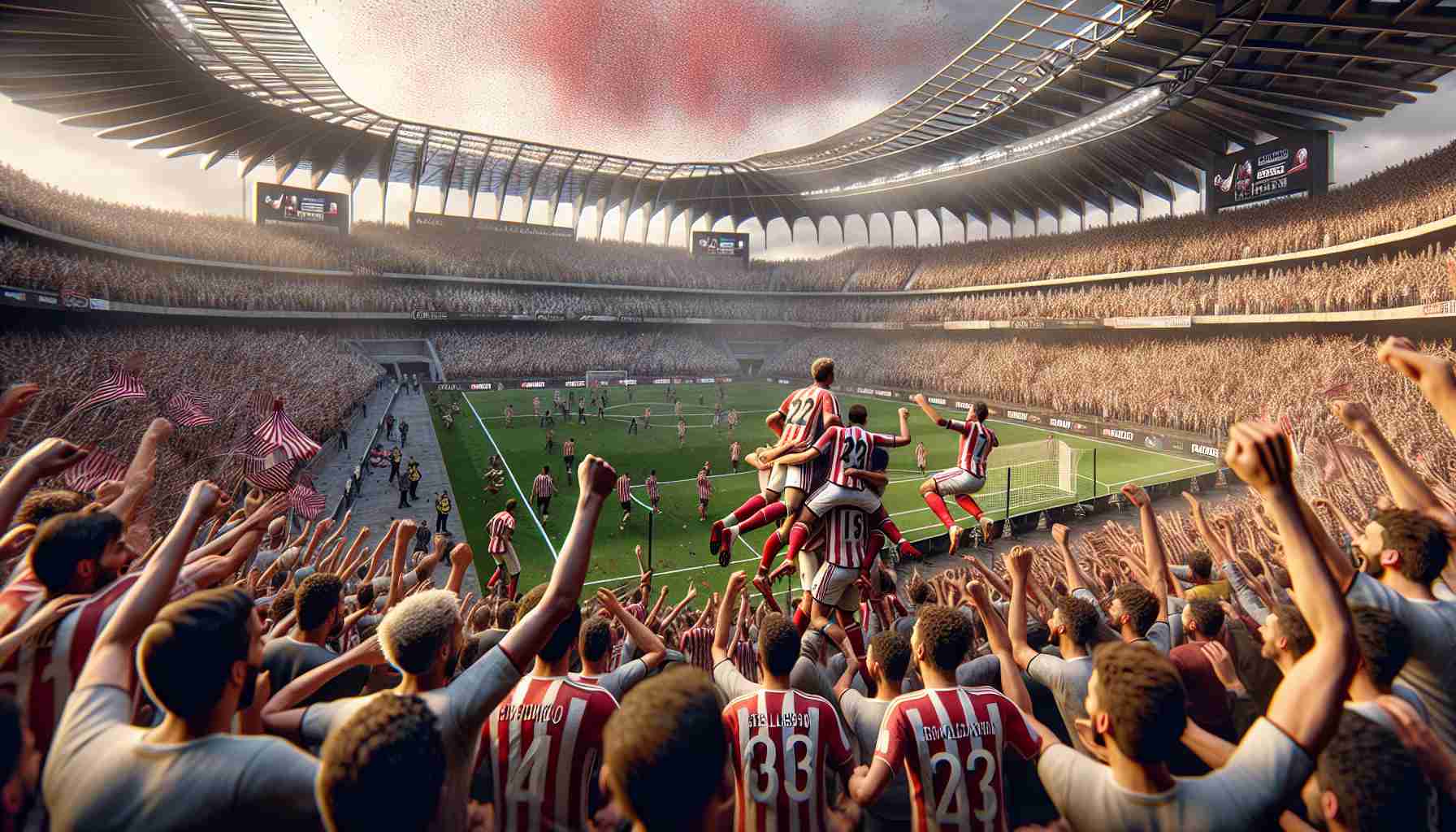 High-definition realistic image of an exhilarating victory celebration for Rayo Vallecano football team at a large, well-known stadium. The scene captures the hard-earned jubilation in the aftermath of a competitive match, with players rejoicing, hugs being shared and the crowd erupting into wild applause and cheering.