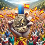 Create a realistic HD image that depicts a scene of celebration for an Olympic medal win in racewalking. The focal point should be a medal prominently displayed with the emblem of a racewalker on it, suggestively representing Spain's victory. The joyous atmosphere should be captured by the waving of multi-colored flags, the ecstatic supporters in the background, and athletes jubilantly holding the medal.