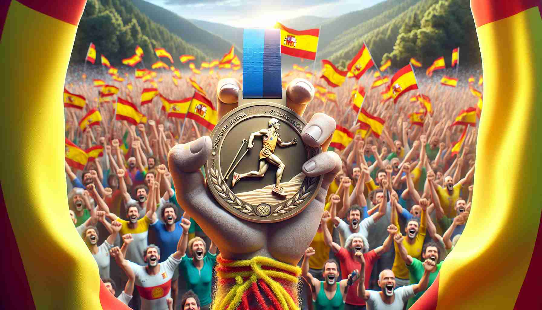 Create a realistic HD image that depicts a scene of celebration for an Olympic medal win in racewalking. The focal point should be a medal prominently displayed with the emblem of a racewalker on it, suggestively representing Spain's victory. The joyous atmosphere should be captured by the waving of multi-colored flags, the ecstatic supporters in the background, and athletes jubilantly holding the medal.