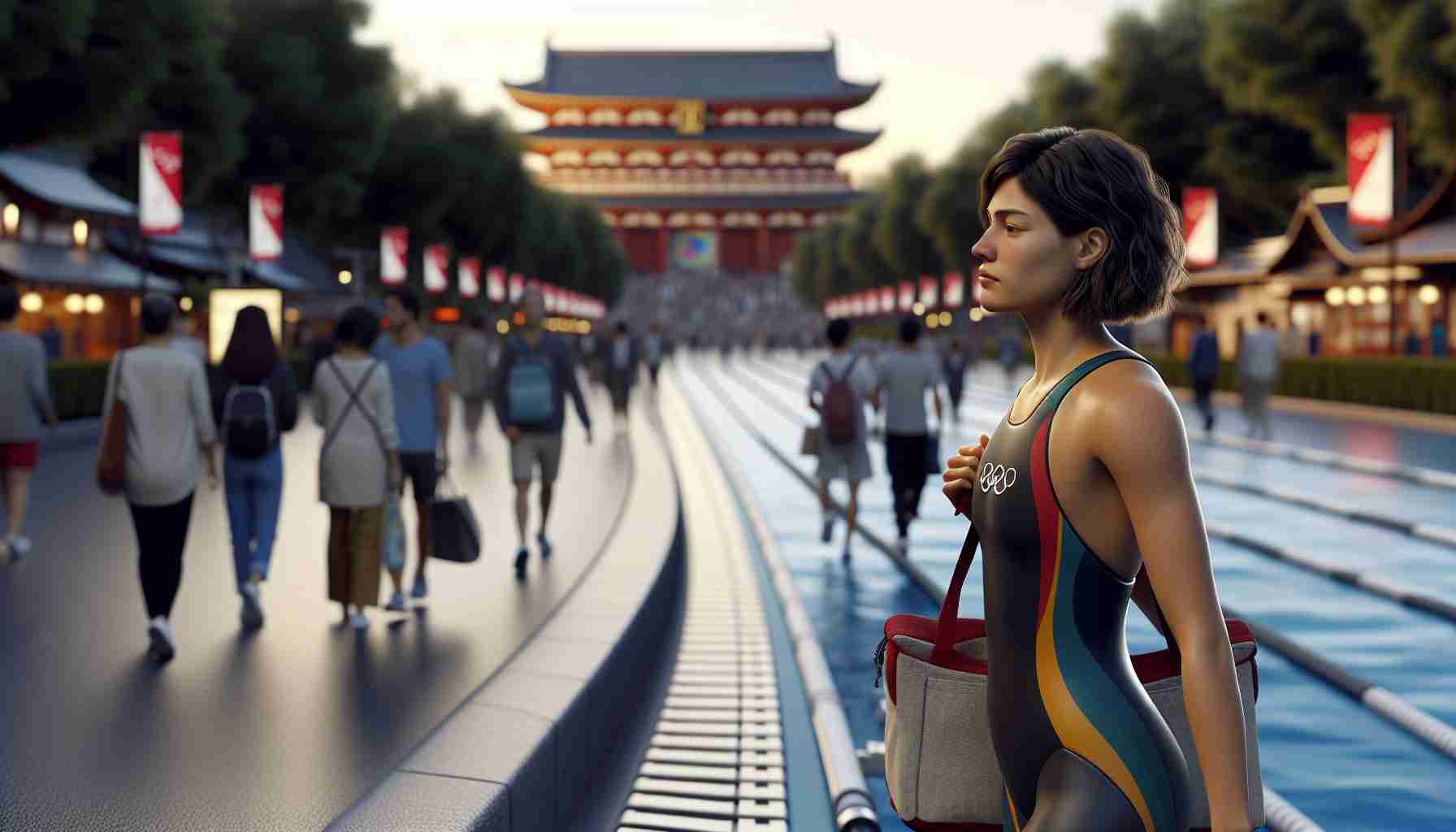 High-definition, realistic image of a Hispanic female swimmer, wearing her swim gear and carrying a bag over her shoulder. She appears disappointed, as she walks away from a bustling scene denoting the Olympic Village, known for its iconic buildings and sports venues. The atmosphere suggests that she has been asked to leave due to her involvement in unsanctioned activities. The scene captures the contrast of her individual sorrow with the collective joy of the ongoing Olympic games.