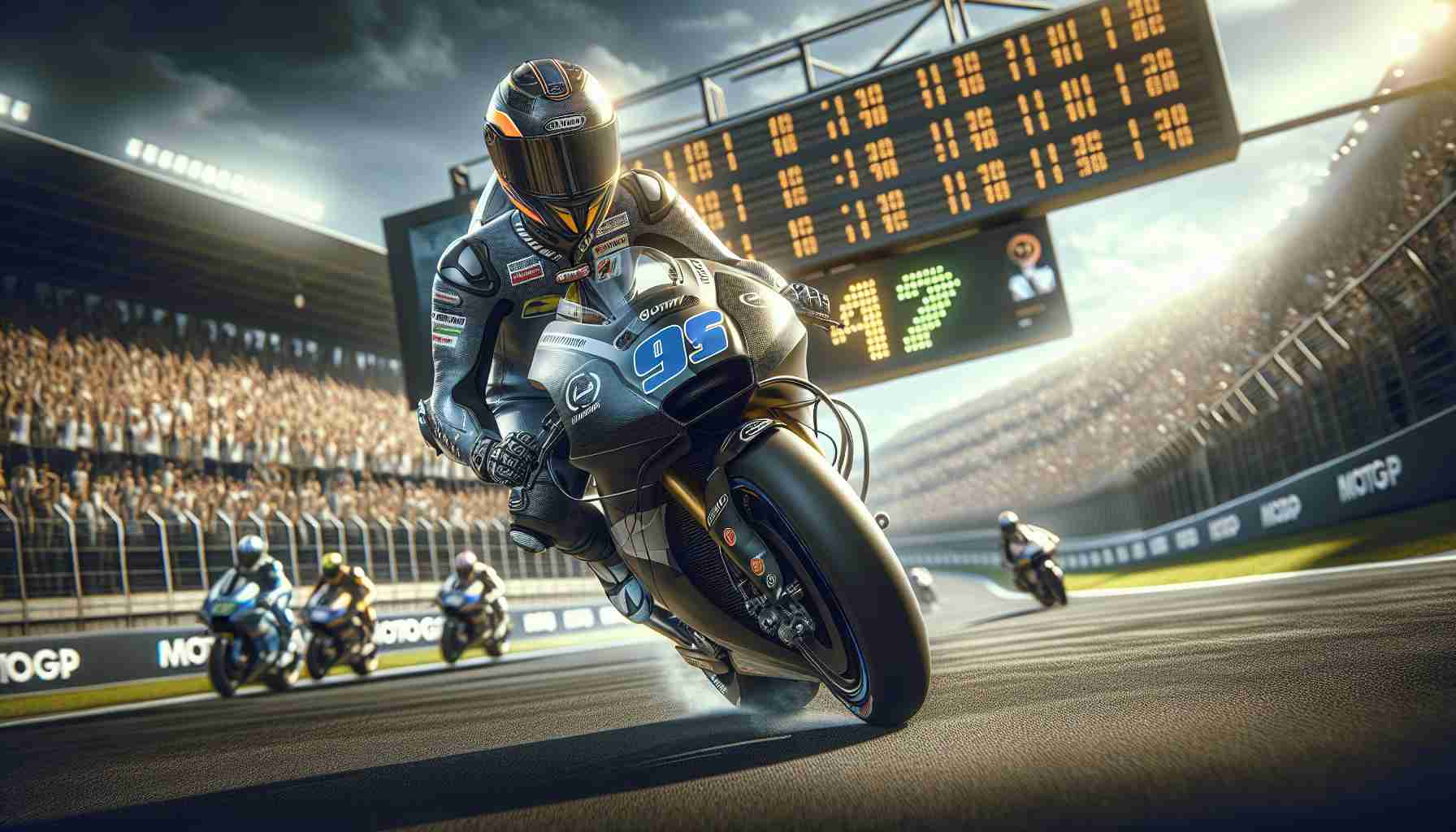 A highly-detailed, realistic photo of a new, unnamed individual emerging as a contender in the MotoGP standings. The image focuses on the race participant clad in full protective gear, helmet, and gloves. The rider, a Middle-Eastern female, is astride her sleek, high-performance racing motorbike. The backdrop showcases the race track and the bustling atmosphere of a MotoGP event. The leaderboard in the background subtly hints at her rising status in the standings. The audience in the background watches with bated breath, encapsulating the high-stakes nature of the sporting event.