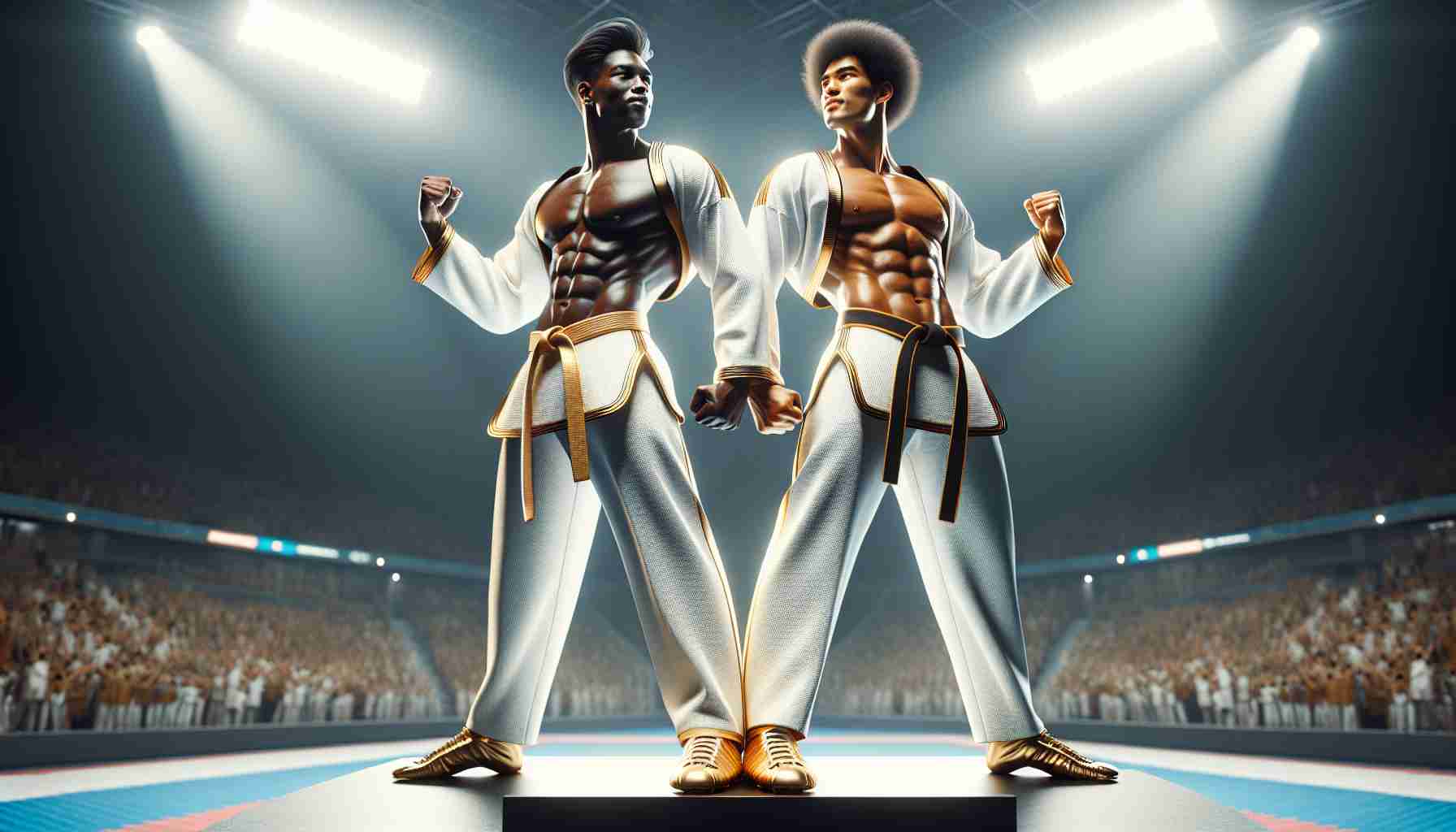 Realistic HD photo depicting the triumphant moment of identical twins, a Korean male and an African female, both skilled in the martial art of Taekwondo. They should be seen standing on an elevated platform, both wearing golden Taekwondo uniforms. Their pose should reflect confidence and victory. The twins' physique should be both athletic and gracefully agile in nature. The environment should reflect the ambiance of a big international martial art tournament, with bright lights illuminating the competitors and a vast crowd cheering in the background.