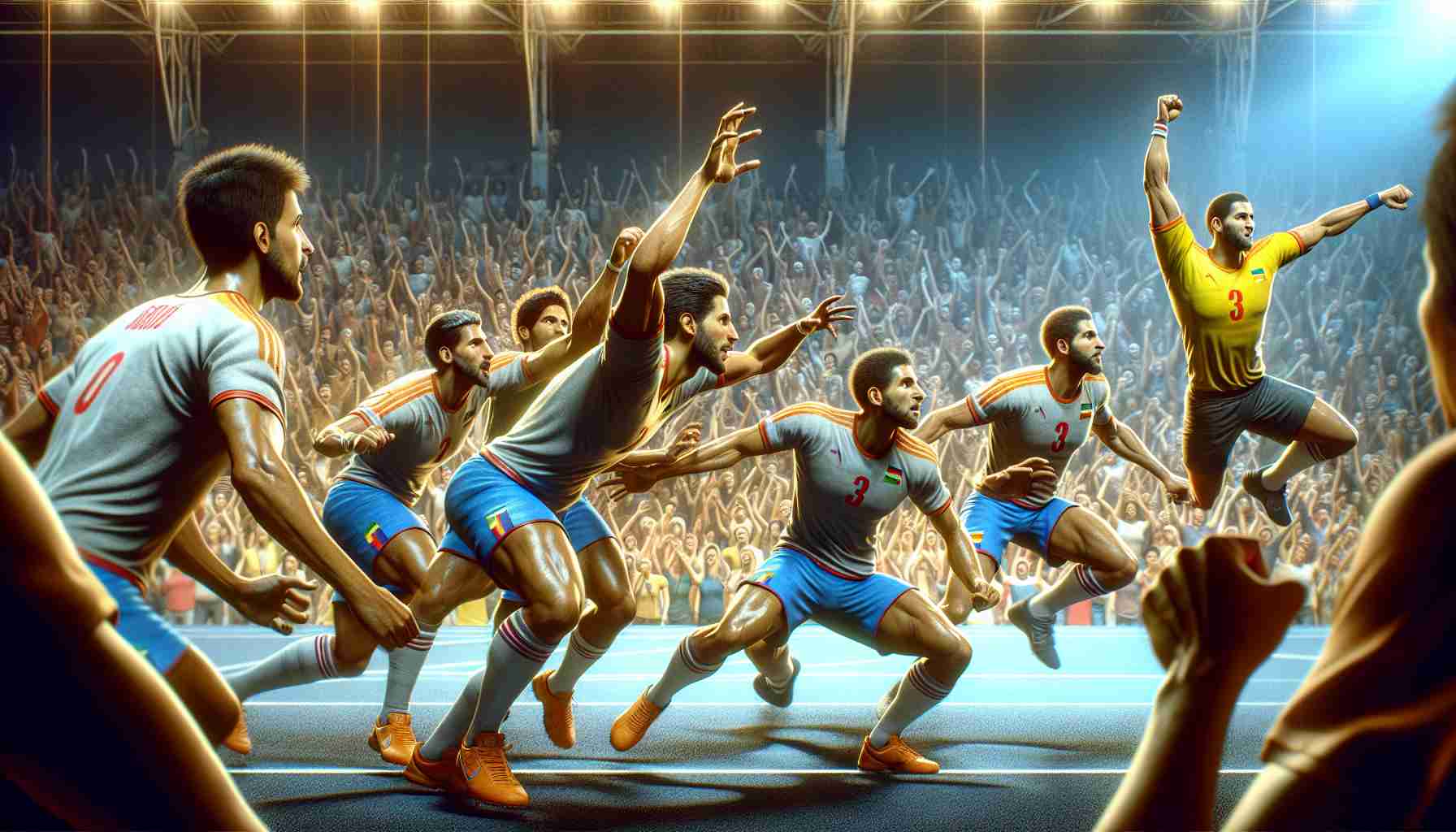 A high-definition, vividly realistic image capturing the intensity and excitement of a critical sports match where a Hispanic team is on the brink of victory, poised to secure an historic bronze medal win. The athletes are a mix of genders, displaying peak physical condition and unyielding determination. The background is filled with an enthusiastic crowd, their faces dancing with anticipation and hope.