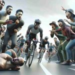 Render a realistic, high-definition scene of a dramatic moment in a cycle race. Show a diverse group of cyclists, including a Black woman leading the pack, an Asian man executing a strategic maneuver, and a Middle-Eastern man struggling to keep pace. The spectators, equally diverse in descent and gender, express surprise and excitement at this unexpected shift in the race standings.