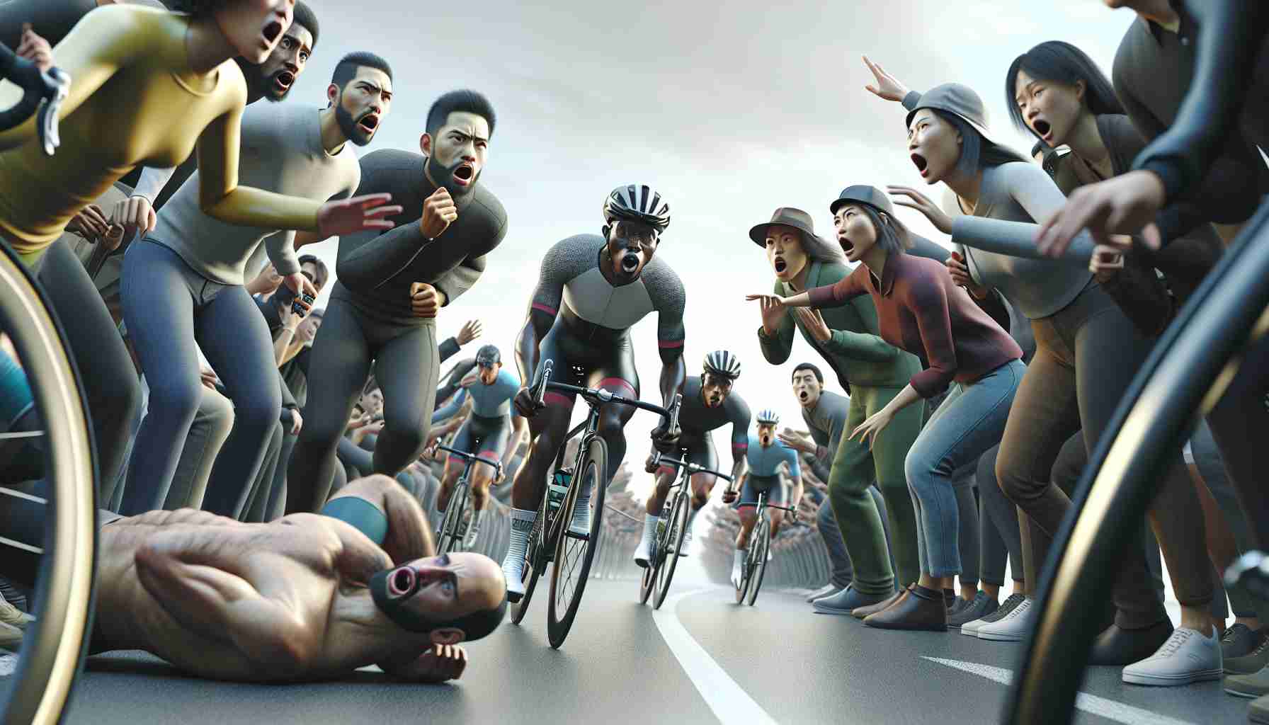 Render a realistic, high-definition scene of a dramatic moment in a cycle race. Show a diverse group of cyclists, including a Black woman leading the pack, an Asian man executing a strategic maneuver, and a Middle-Eastern man struggling to keep pace. The spectators, equally diverse in descent and gender, express surprise and excitement at this unexpected shift in the race standings.