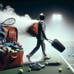 High-definition photograph that depicts an unexpected scene at a significant tennis event in the United States. The image is of a prominent male tennis player metaphorically making an early exit, symbolised by him packing his tennis gear prematurely while still on the court.