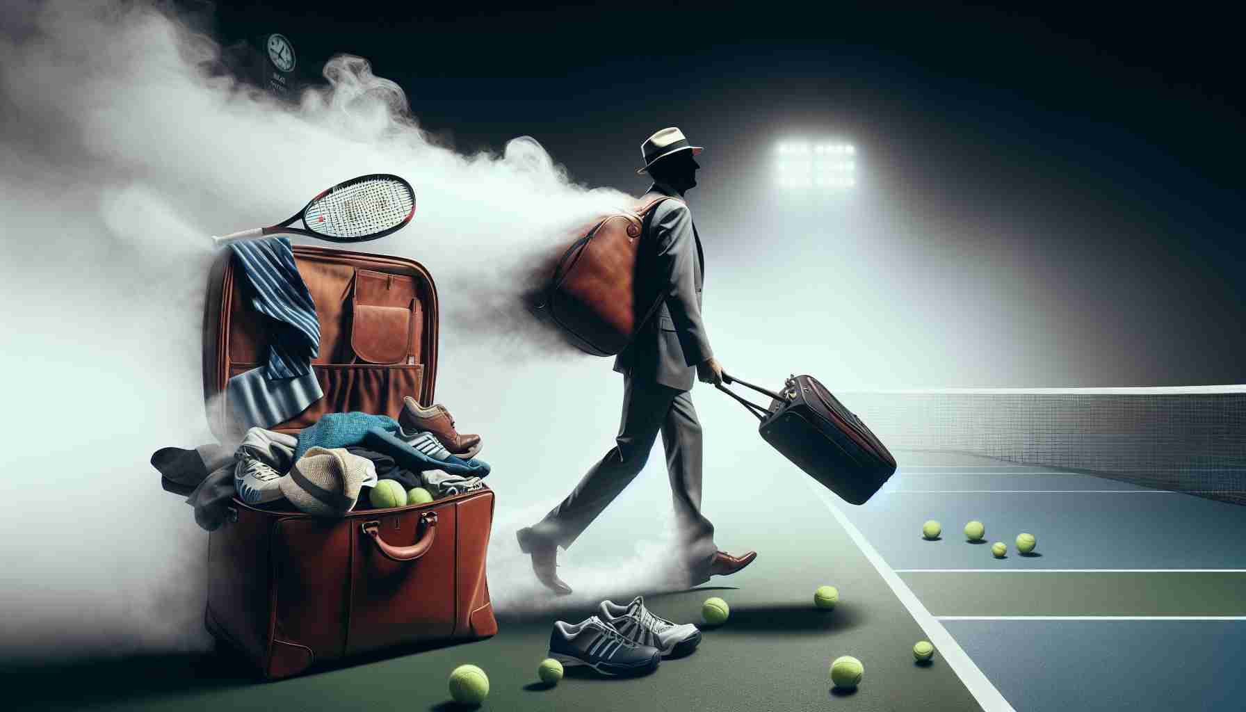 High-definition photograph that depicts an unexpected scene at a significant tennis event in the United States. The image is of a prominent male tennis player metaphorically making an early exit, symbolised by him packing his tennis gear prematurely while still on the court.