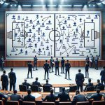 Evaluate a detailed and realistic high-definition visualization of the strategic plan of a highly regarded European soccer team as they unveil their transfer strategy. The scene includes a large whiteboard filled with tactics, player names, and positions, but without revealing any real-world specific individual. There is a sense of anticipation in the room filled with officials, coaches, and tacticians, ready to implement the newly devised game plan.