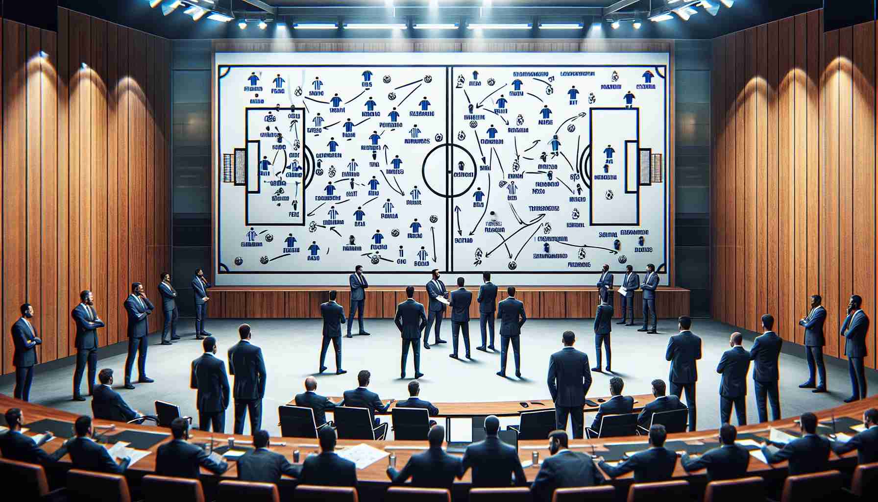 Evaluate a detailed and realistic high-definition visualization of the strategic plan of a highly regarded European soccer team as they unveil their transfer strategy. The scene includes a large whiteboard filled with tactics, player names, and positions, but without revealing any real-world specific individual. There is a sense of anticipation in the room filled with officials, coaches, and tacticians, ready to implement the newly devised game plan.