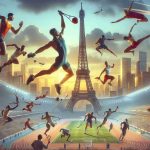 Capture a high-definition, photorealistic image featuring the thrilling scenes from an international sports event taking place in a big city renowned for its iconic Eiffel tower. Visualize athletes from diverse descents and genders mid-action playing various sports; with the backdrop of advanced stadiums and cheering spectators. The sky is hue of sunset orange, adding dramatic flair to the ongoing competitions.