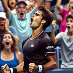 A high definition image showing a young male tennis player belonging to the Hispanic descent in an emotive moment during a tennis tournament comparable to the Cincinnati Masters. The player is in the middle of the court, with euphoria evident in his expressions and the spectators looking surprised or stunned on the sidelines. Note: the person depicted is not a real individual but a composition representing an emotional moment in a tennis game.