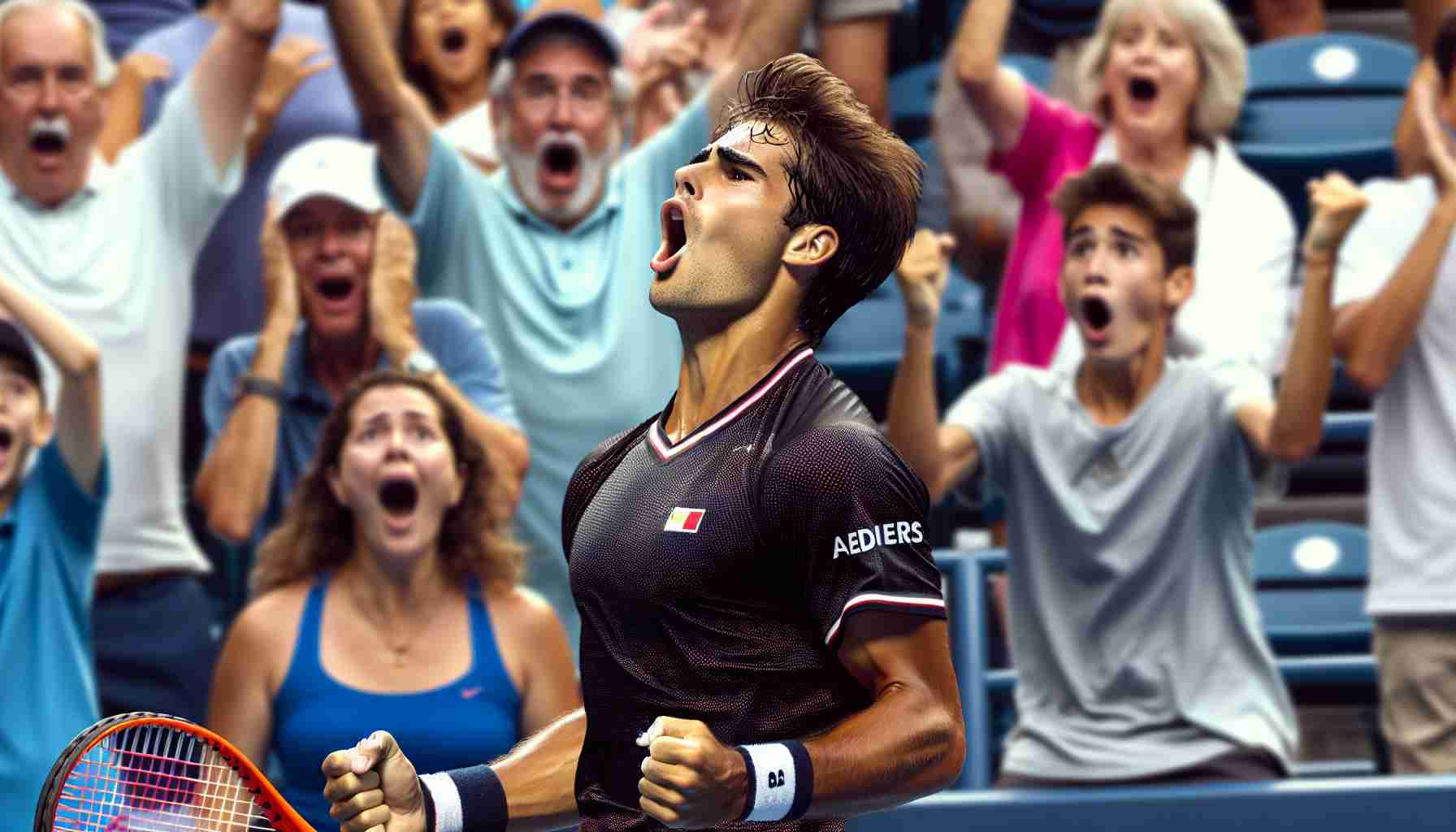 A high definition image showing a young male tennis player belonging to the Hispanic descent in an emotive moment during a tennis tournament comparable to the Cincinnati Masters. The player is in the middle of the court, with euphoria evident in his expressions and the spectators looking surprised or stunned on the sidelines. Note: the person depicted is not a real individual but a composition representing an emotional moment in a tennis game.