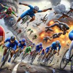 Create a realistic, high-definition image portraying an unforeseen twist in a cycling race. It should vividly capture the essence of a suspenseful, extraordinary incident happening out of the blue, changing the course of the competition drastically. The image should include racers of diverse ethnicity and genders distributed equally while they are pedaling their bicycles with full gusto. Also, show the reactions of the spectators in the background, their faces reflecting a mixture of surprise, shock, and excitement.