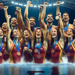 High-definition, realistic image of a celebratory moment where the Spanish artistic swimming team secures a bronze medal at an international sporting event. The image should capture the joy and triumph on the faces of the diverse group of athletes - including Hispanic and Caucasian women - while they hold up their bronze medals proudly. The setting is an aquatic complex, with sparkling blue waters of the swimming pool in the background.