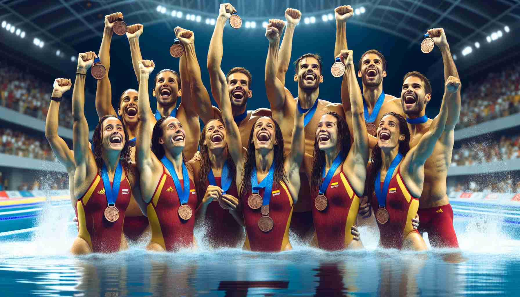 High-definition, realistic image of a celebratory moment where the Spanish artistic swimming team secures a bronze medal at an international sporting event. The image should capture the joy and triumph on the faces of the diverse group of athletes - including Hispanic and Caucasian women - while they hold up their bronze medals proudly. The setting is an aquatic complex, with sparkling blue waters of the swimming pool in the background.