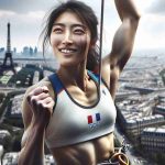 Detailed HD image showcasing a young, ambitious Asian female climber, whose arduous training has culminated in massive success. Her triumphant expression and pose signal her victorious moment at an Olympic-style event, making her nation proud. This breathtaking outdoor scene takes place in a cityscape evocative of Paris, notable landmarks subtly visible in the background. The focus remains firmly on the climber, a portrait of strength, determination, and success against incredible odds, all amidst sweeping views of the dramatic urban skyline.